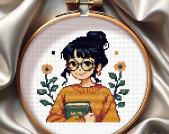 Modèle de point de croix Fille avec des lunettes : conception pour amoureux des livres (téléchargement PDF, Pattern Keeper + SVG)