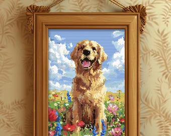 Chien dans des fleurs sauvages - Motif de point de croix - Golden Retriever, broderie florale - PDF, SVG, Pattern Keeper
