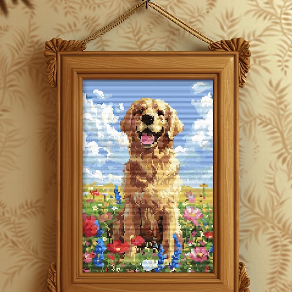 Dog in Wildflowers Cross Stitch Pattern – Golden Retriever Floral Embroidery – PDF, SVG, Pattern Keeper