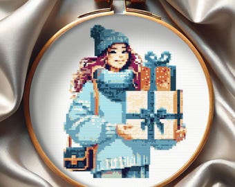 Modèle de point de croix petite fille aux cheveux roses : cadeaux d'hiver (téléchargement PDF + SVG pour Pattern Keeper)