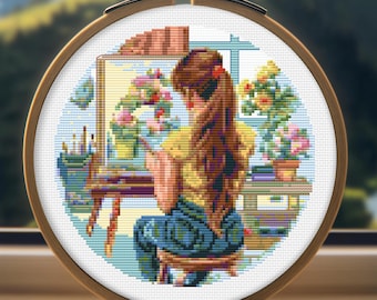 Modèle de point de croix artiste fille : motif floral fantaisiste (téléchargement PDF, Pattern Keeper + SVG)