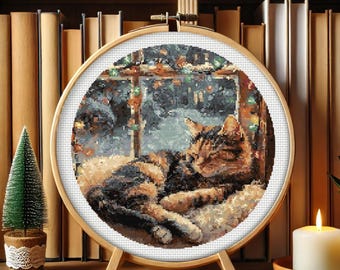 Chat endormi sur le rebord de la fenêtre - Modèle de point de croix : scène de Noël (Téléchargement PDF, Pattern Keeper + SVG)