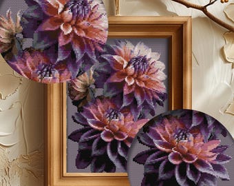 Modèle de point de croix dahlias violets : décoration florale pour la maison (téléchargement PDF, Pattern Keeper + SVG)