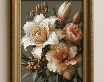 Modèle de point de croix bouquet de lys : motif floral élégant (téléchargement PDF, SVG inclus, patron)