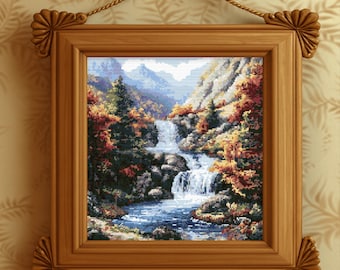 Modèle de point de croix paysage cascade d'automne – PDF et SVG imprimables, compatible avec Pattern Keeper
