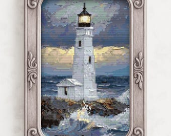Phare au bord de l'océan au coucher du soleil – Modèle de point de croix PDF + SVG, adapté aux patrons