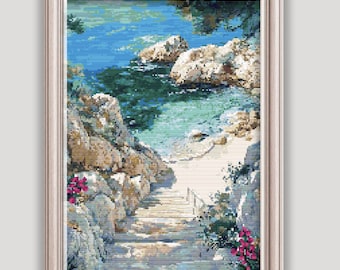 La plage d'azur - motif de point de croix côtier - PDF et SVG imprimables, compatible avec Pattern Keeper