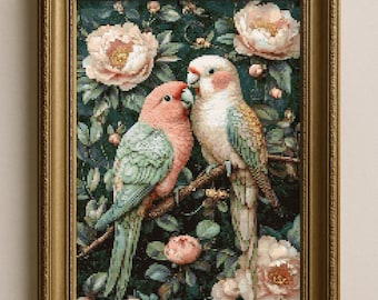 Modèle de point de croix Perroquets dans des pivoines : motif floral détaillé (téléchargement PDF, Pattern Keeper + SVG)
