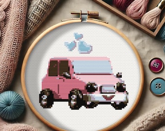 Modèle de point de croix voiture rose, design fantaisiste (téléchargement PDF