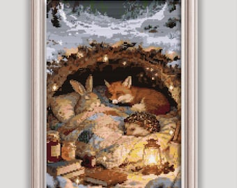 Forêt de contes de fées - refuge animalier hivernal au point de croix (téléchargement PDF, Pattern Keeper + SVG)
