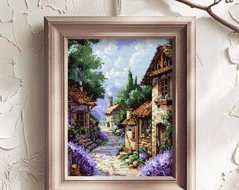 Motif de point de croix village lavande français - PDF et SVG imprimables, compatible avec Pattern Keeper