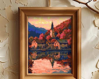 Modèle de point de croix coucher de soleil dans les Alpes : paysage de village autrichien (téléchargement PDF + SVG pour Pattern Keeper)