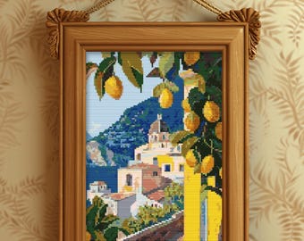 Paysage méditerranéen avec le citronnier : broderie de paysage côtier (Téléchargement PDF + SVG pour Pattern Keeper)