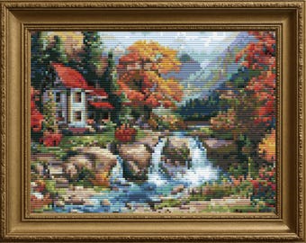 Paysage d'automne douillet - Motif de point de croix avec cabane, cascade - PDF et SVG imprimables, compatible avec Pattern Keeper