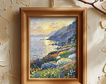 Motif floral au point de croix coucher de soleil : broderie de paysages côtiers (téléchargement PDF + SVG pour Pattern Keeper)