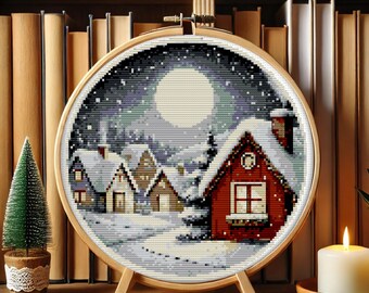 Modèle de point de croix Village d'hiver : campagne enneigée (téléchargement PDF, Pattern Keeper + SVG)