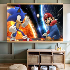 Carta da parati Mario e Sonic, stampa murale Mario e Sonic, decorazione per la stanza dei giocatori, arte murale per bambini, autoadesiva, stacca e attacca, tessuto non tessuto