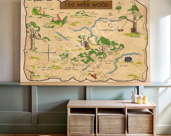 May include: A vintage-style map of the Hundred Acre Wood from Winnie the Pooh, featuring hand-drawn illustrations of characters and locations. The map includes names like "Pooh", "Tigger", "Christopher Robin", and "My House".