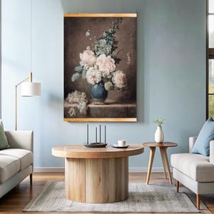 Dark Academia Floral Decor, Victorian Flower Vase Tapestry, Moody Botanical Wall Art, Rustic Canvas Scroll, Traditional Still Life Painting,