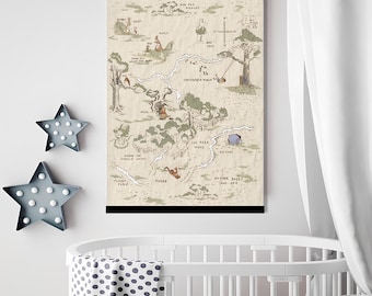 May include: A vintage-style map of the Hundred Acre Wood from Winnie the Pooh, featuring hand-drawn illustrations of Pooh Bear, Piglet, Eeyore, Tigger, and other characters. The map includes locations like "Pooh's House", "Christopher Robin's House", and "The Hundred Acre Wood".