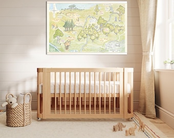 May include: A hand-drawn map of a whimsical forest with a crib in the foreground. The map features a variety of trees, animals, and landmarks, including a "Secret Place" and a "Wishing Well".