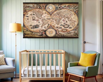 May include: A vintage world map print in brown, beige, and blue tones hangs on a light green wall above a white cot and a light blue armchair with a yellow cushion.