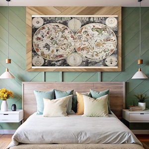 Tapiz de mapa del mundo, mapa del mundo antiguo histórico, decoración de mapa BOHO antiguo de 1626, tapiz de mapa del mundo de estilo, impresión de bellas artes, mapa de pared grande del viejo mundo