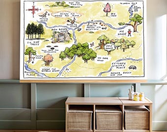 May include: A hand-drawn map of the Hundred Acre Wood from Winnie the Pooh, featuring locations like Pooh Bear's House, Piglet's House, Owl's House, and Eeyore's Gloomy Place. The map is drawn in a whimsical style with watercolor washes and black ink.