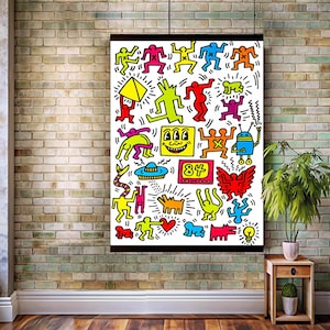 Haring Art タペストリー、モダン ストリート アート、壁装飾、ラージ サイズ、ダンシング マン タペストリー、リビング ルーム タペストリー、カラフルな漫画タペストリー、