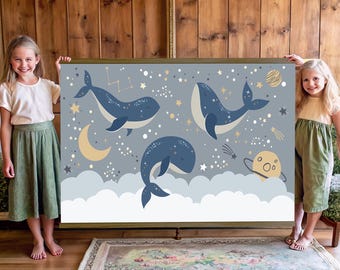 Blue Whale Tapestry, Ocean Nursery Fabric Wall Hanging