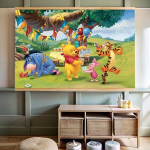 Amis de Winnie l'ourson, oeuvre d'art murale pour chambre d'enfant, décoration murale de chambre d'enfant, tapisserie surdimensionnée, décoration de chambre d'enfant, toile suspendue, oeuvre d'art pour chambre d'enfant