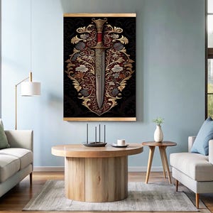 May include: A decorative canvas print featuring a silver sword with a gold hilt and red accents, surrounded by intricate gold and red floral designs on a black background.