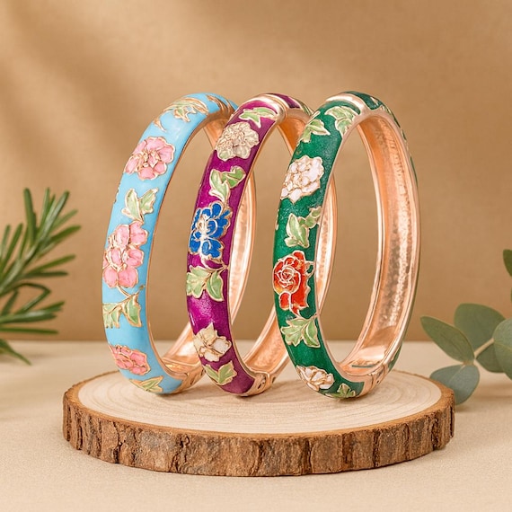 Enameled Flower Bangle Bracelet: Rose Gold Plated Italian Design