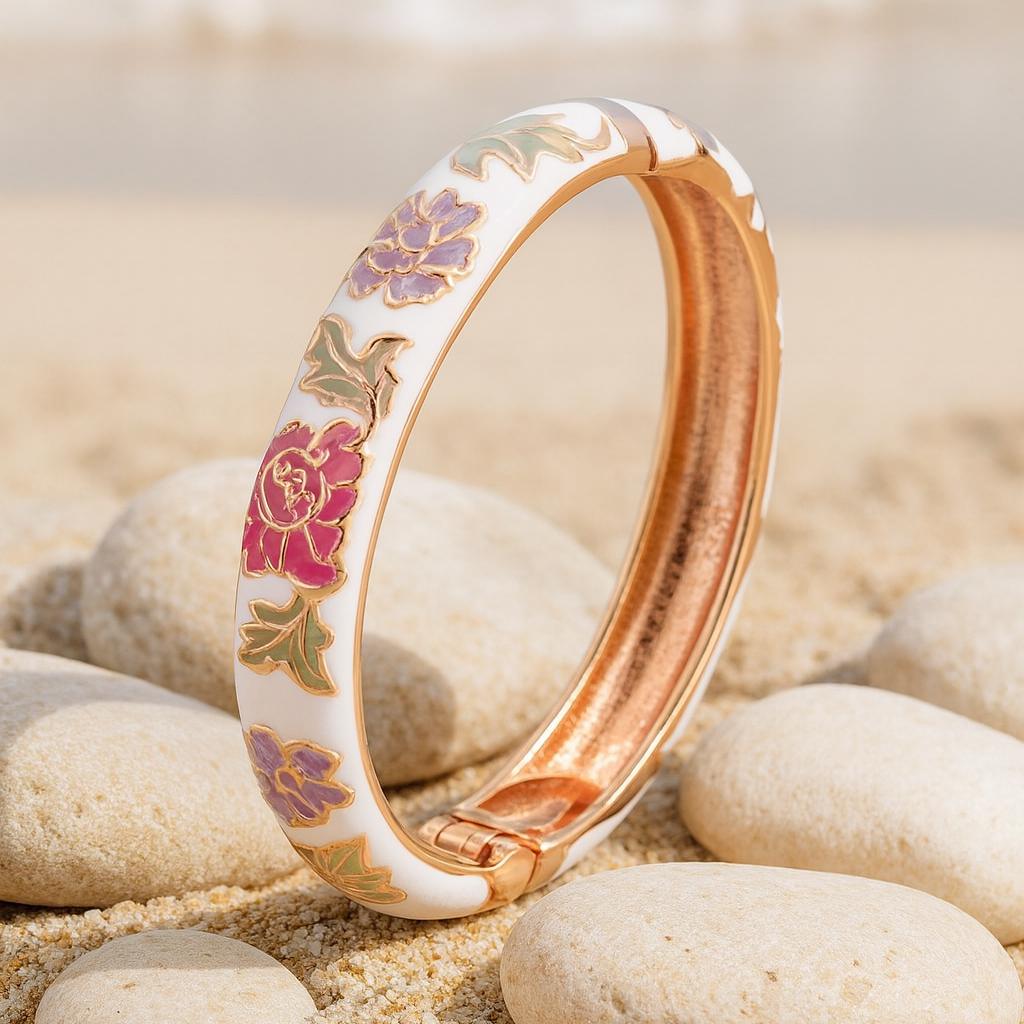Enameled Flower Bangle Bracelet: Rose Gold Plated Italian Design