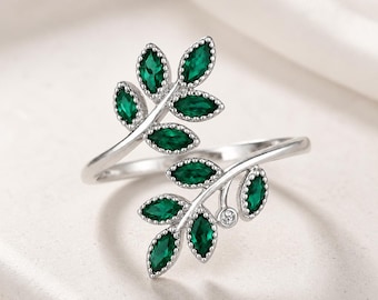 Emerald Leaf Ring, Adjustable Sterling Silver Nature Ring, Green Crystal Statement Ring, Botanical Jewelry Gift for Her, Boho Wrap Ring