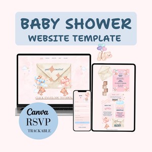May include: A baby shower website template displayed on a laptop, tablet, and smartphone. The design features a soft pink and beige color scheme with teddy bear and balloon illustrations. Text includes "Baby Shower Website Template" and "Canva RSVP Trackable."