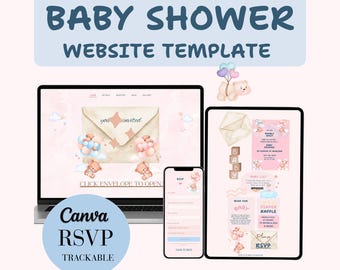 Modelo de site para chá de bebê com ursinho rosa, convite digital RSVP no Canva, site para chá de bebê com tema de ursinho de pelúcia, convite para celular, download instantâneo