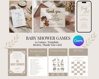 Baby-Dusche-Spiele Bundle druckbar, 50 Spiele bearbeitbare Canva-Vorlage, neutrales Baby-Dusche-Dekor, Einladung, Sofort-Download
