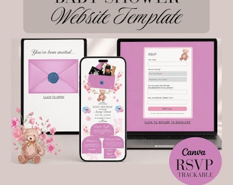 Modelo de site para chá de bebê com tema de ursinho de pelúcia e confirmação de presença - Convite floral editável no Canva (Download digital)