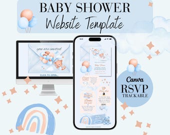 Modelo de site para chá de bebê no Canva | Convite digital com balão de urso e confirmação de presença clicável | Convite com ursinho de pelúcia azul para menino | BWBS01
