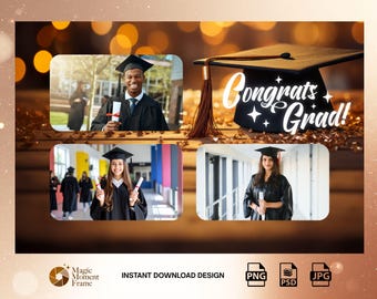 Graduation Photo Booth Rahmen Vorlage PNG, Congrats Grad Overlay, 4x6 & 2x6 Fotostreifen, Instant Download, Gold Bokeh Grad Party Requisiten