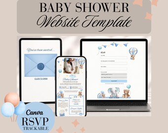 Convite digital para chá de bebê de menino — Ursinho de pelúcia azul "Enviado do Céu" - Site Canva com formulário de confirmação de presença rastreável. Download instantâneo!