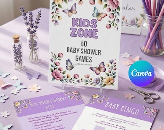 50 Wildflower Baby Shower Games Bundle, Purple Floral Baby Shower Games, Editable Canva Template, Printable Girl Baby Shower Games