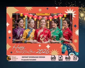 2026 Chinesisches Neujahr Fotoautomaten-Vorlage, Jahr des Pferds Photostand-Overlay, Neujahrsrahmen, Rot und Gold Oriental Party Decor