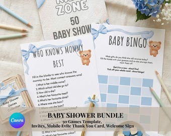 Blaues Teddybär-Babyparty-Bundle, 50 druckbare Spiele, Bearly Wartezeit-Einladung, Junge-Babyparty-Canva-Vorlage