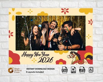 2026 Frohes Neues Jahr Fotostand Vorlage, Jahr des Pferdes Fotostand Overlay, Neujahrsrahmen, bearbeitbar PSD & PNG