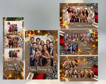 Frohe Feiertage Photobooth Vorlage, Weihnachtsfotoautomat Rahmendesign, Rustikale Holz Party Overlay, 2x6 Streifen & 4x6 Postkarte PNG PSD