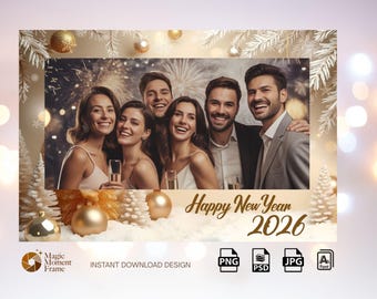 Neujahr 2026 Photo Booth Vorlage, Gold Elegante NYE Party Kulisse, 2x6 Streifen & 4x6 Postkartengrößen, bearbeitbar Photoshop PSD, Leer PNG