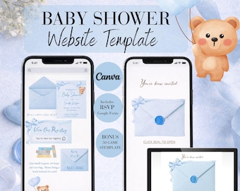 Modelo de site para chá de bebê com tema de ursinho de pelúcia azul para Canva, convite digital com formulário de confirmação de presença do Google e 50 jogos bônus.