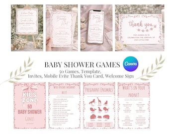 Baby-Dusche-Spiele Bundle druckbar, 50 rosa Blumenspiele mit Antwortschlüssel, bearbeitbare Canva-Vorlage, sofortiger Download
